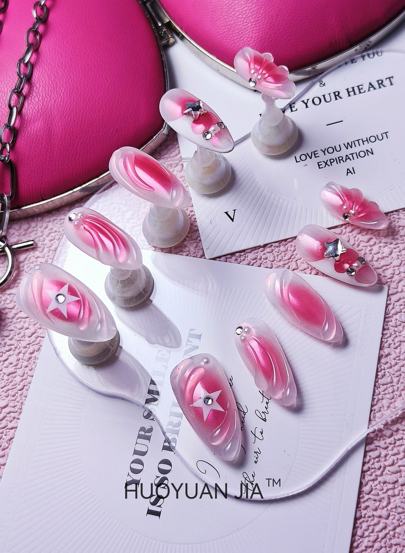 HUOYUAN JIA 10 Pieces Handmade Press On Nails,Reusable and Removable Almond Shaped False Nails,Pink Gradient,Cubist Shell Pattern,Star and Rhinestone Decorations,Comes with A Rubbing Strip and A Piece of Jelly Glue for Fashionable Women's Holiday Gifts,False Nail Set  - Image 5