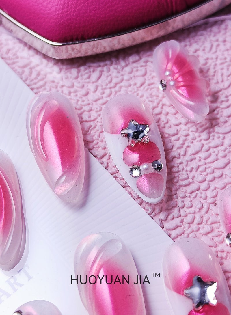 HUOYUAN JIA 10 Pieces Handmade Press On Nails,Reusable and Removable Almond Shaped False Nails,Pink Gradient,Cubist Shell Pattern,Star and Rhinestone Decorations,Comes with A Rubbing Strip and A Piece of Jelly Glue for Fashionable Women's Holiday Gifts,False Nail Set  - Image 3