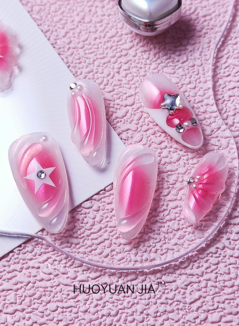 HUOYUAN JIA 10 Pieces Handmade Press On Nails,Reusable and Removable Almond Shaped False Nails,Pink Gradient,Cubist Shell Pattern,Star and Rhinestone Decorations,Comes with A Rubbing Strip and A Piece of Jelly Glue for Fashionable Women's Holiday Gifts,False Nail Set  - Image 1