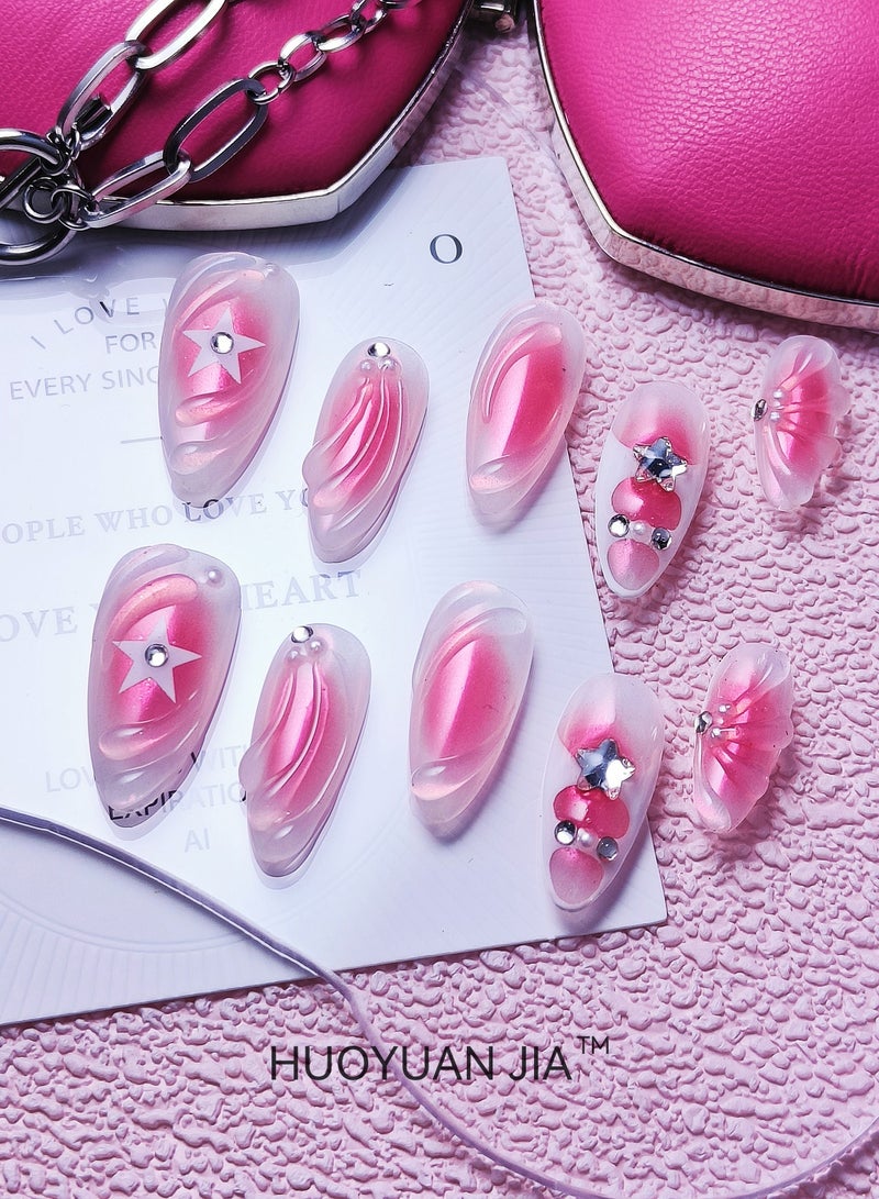 HUOYUAN JIA 10 Pieces Handmade Press On Nails,Reusable and Removable Almond Shaped False Nails,Pink Gradient,Cubist Shell Pattern,Star and Rhinestone Decorations,Comes with A Rubbing Strip and A Piece of Jelly Glue for Fashionable Women's Holiday Gifts,False Nail Set  - Image 2