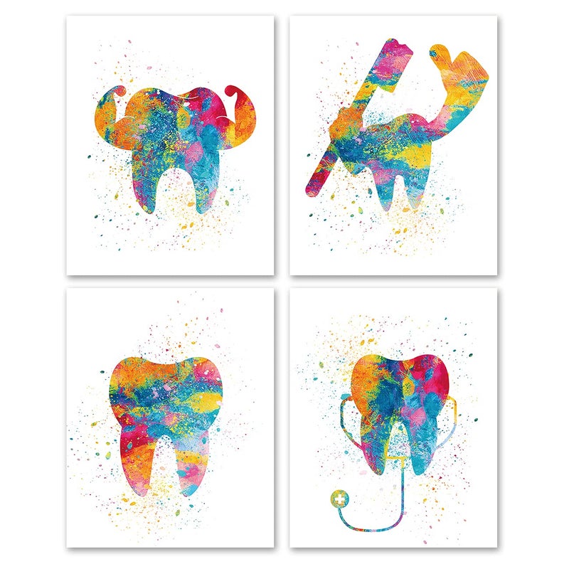 Nvhai Set of 4 Dental Care Teeth Watercolor Prints Wall Art Prints,Dentist Practice Tooth Poster Wall Art Décor Gifts for Dentist Office(8x10 Unframed)