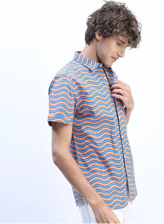 HIGHLANDER Wavy Striped Slim Fit Shirt with Short Sleeves by Styli