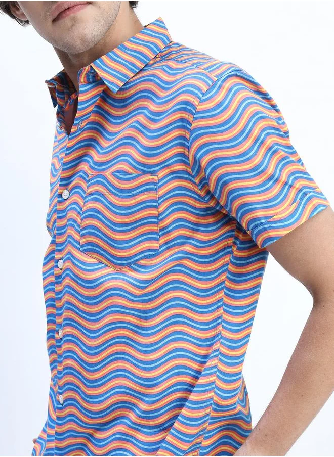 HIGHLANDER Wavy Striped Slim Fit Shirt with Short Sleeves