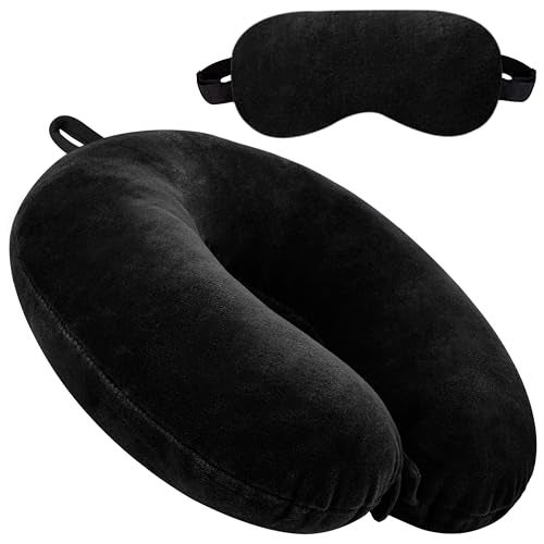 GREELI Cotton Blend Neck Pillow for Travelling Luxurious Airplane Travel Pillow Head Rest Neck Holder Pillow Combo with Premium Eye Mask & 5 Years Warranty, Black - Image 1