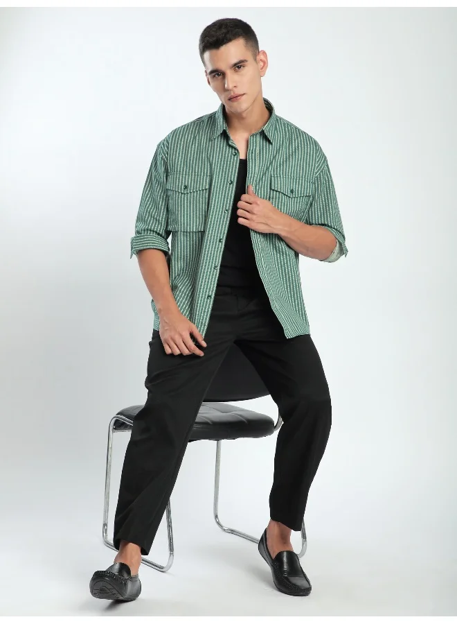 Beyoung Cadet Blue Herringbone Striped Overshirt