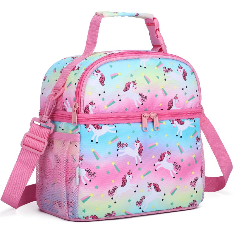 VASCHY Lunch Box Bag for Kids Insulated Double Compartments Cooler Lunch Tote for Toddlers Girls SchoolDaycarePicnic Rainbow Unicorn