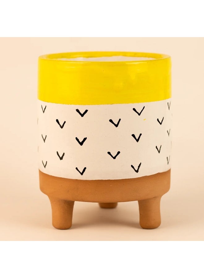 Handmade pottery empty pot - white & yellow - 13*11 cm