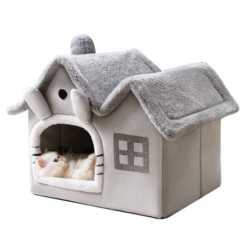 Luxury Double Roof Indoor Dog House Cat NestFoldable Warm Soft Kennel30D High Elastic Memory SpongeRemovable Cushion and NonSlip Bottom Grey Double Roof M