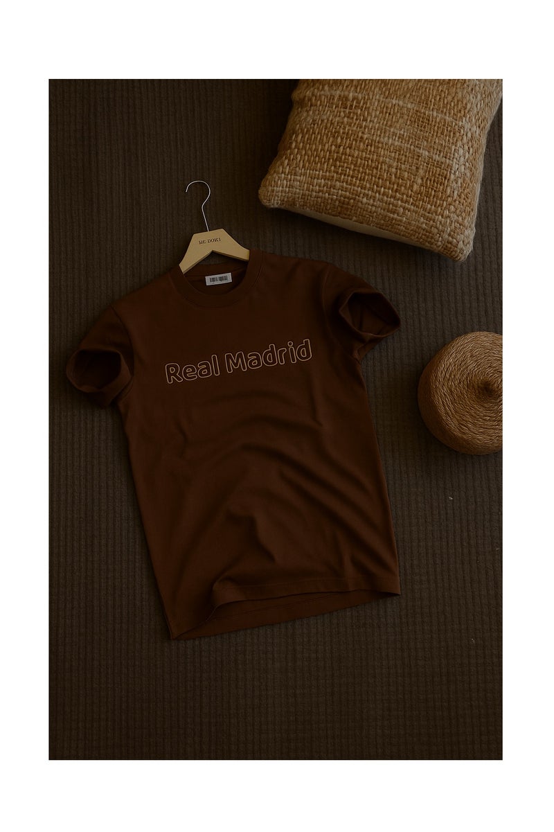 Real Madrid Text Printed Brown Casual Summer Cotton T-Shirt for Men