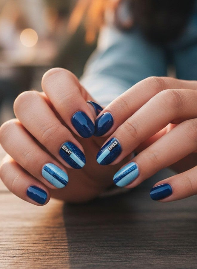 ليك أظافر اصطناعية قابلة لإعادة الاستخدام من ليك - 30 قطعة، لون أزرق داكن، مع طقم تركيب، شكل بيضاوي، لون أزرق داكن مع طبعة مخططة (عبوة من 30 قطعة) - Image 1