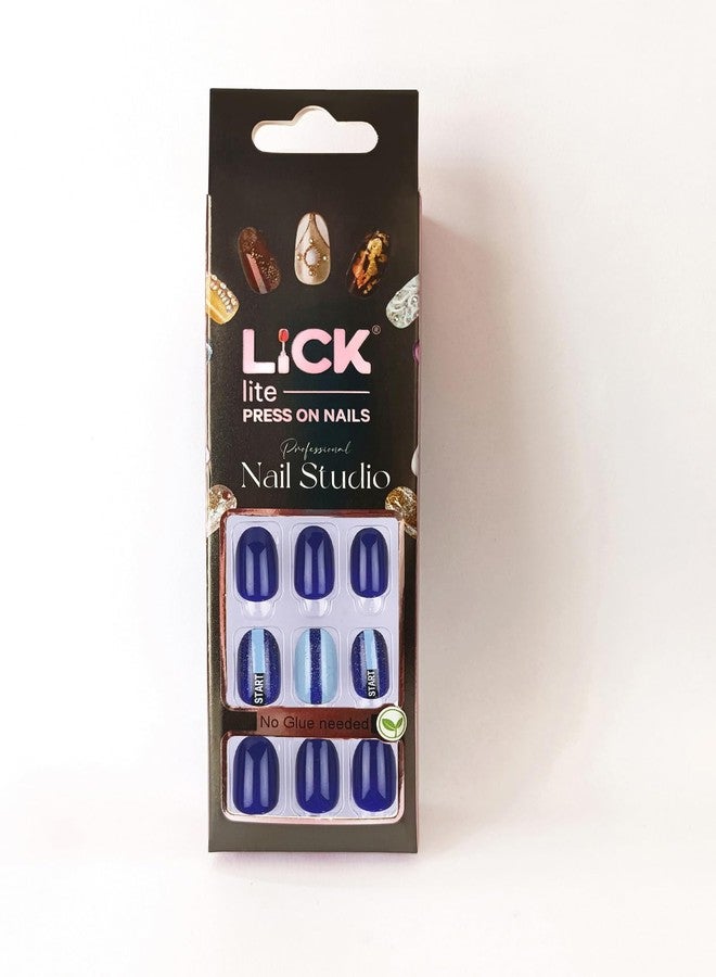 ليك أظافر اصطناعية قابلة لإعادة الاستخدام من ليك - 30 قطعة، لون أزرق داكن، مع طقم تركيب، شكل بيضاوي، لون أزرق داكن مع طبعة مخططة (عبوة من 30 قطعة) - Image 4
