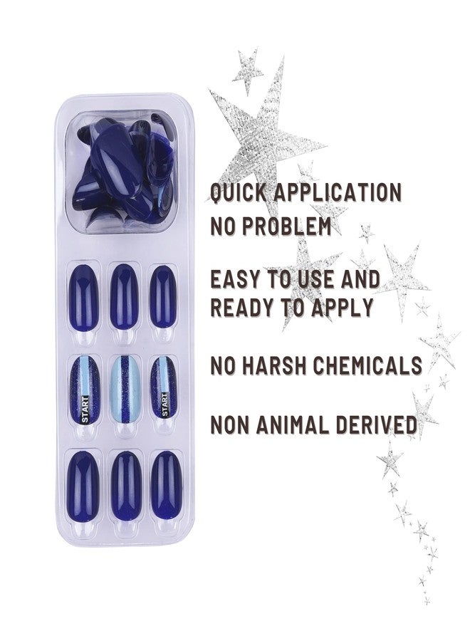 ليك أظافر اصطناعية قابلة لإعادة الاستخدام من ليك - 30 قطعة، لون أزرق داكن، مع طقم تركيب، شكل بيضاوي، لون أزرق داكن مع طبعة مخططة (عبوة من 30 قطعة) - Image 2