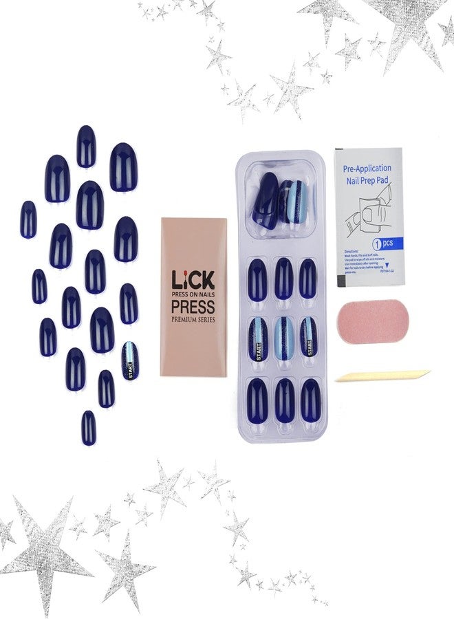 ليك أظافر اصطناعية قابلة لإعادة الاستخدام من ليك - 30 قطعة، لون أزرق داكن، مع طقم تركيب، شكل بيضاوي، لون أزرق داكن مع طبعة مخططة (عبوة من 30 قطعة) - Image 3