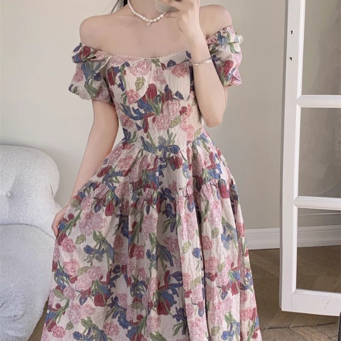 Plus Size French Romantic Floral Square Collar Dress New Summer Long Dress Womens Slimming Hiding Belly Dress SensibilityPlus Picture color 