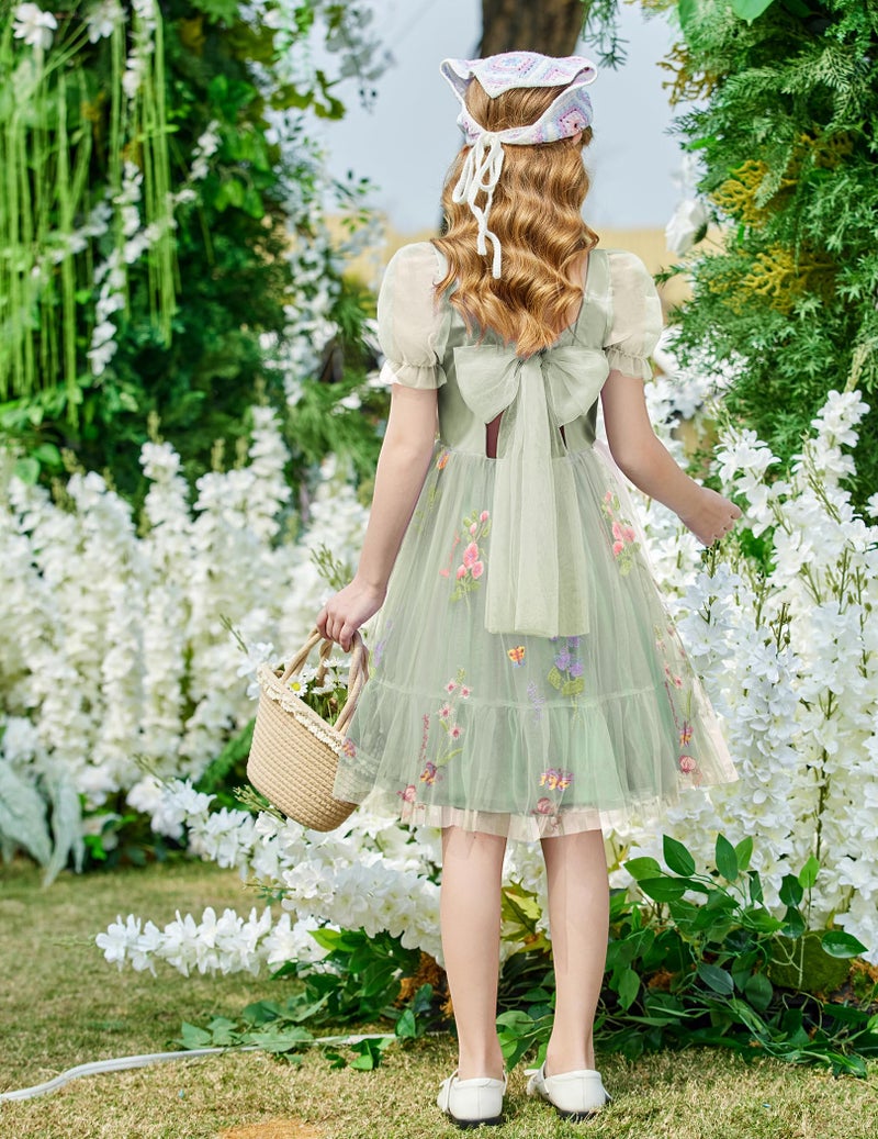 Arshiner Tween Girls Dresses Summer Easter Wedding Fancy Tulle Casual Dress Green Pattern - Image 5