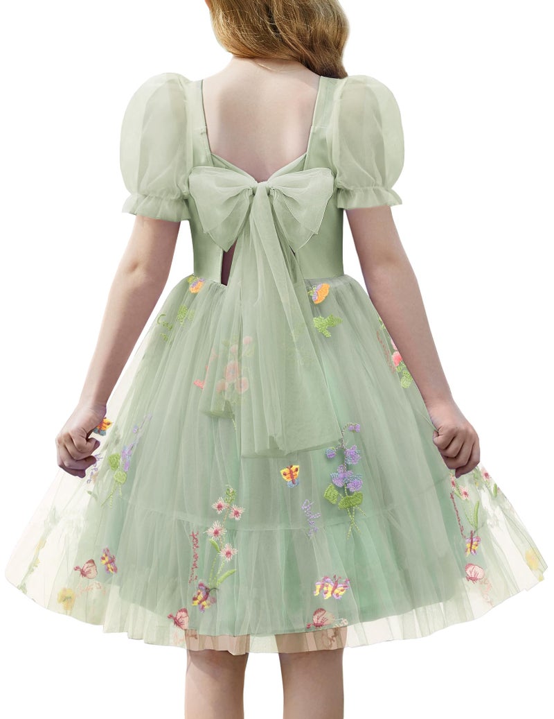 Arshiner Tween Girls Dresses Summer Easter Wedding Fancy Tulle Casual Dress Green Pattern - Image 1