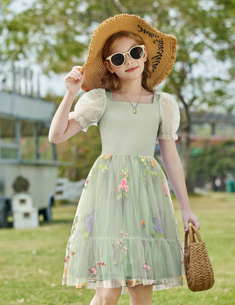 Arshiner Tween Girls Dresses Summer Easter Wedding Fancy Tulle Casual Dress Green Pattern - Image 2