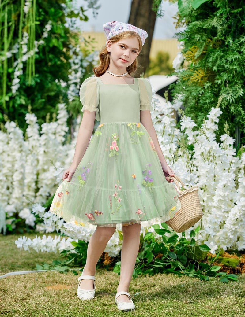 Arshiner Tween Girls Dresses Summer Easter Wedding Fancy Tulle Casual Dress Green Pattern - Image 4