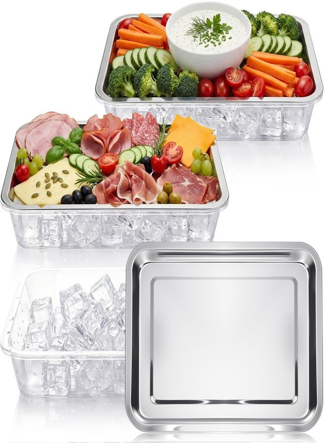 FoldTier 3 Set 14.2" Chilled Serving Trays for Parties with Compartments Stainless Steel Ice Chilled Party Platter Charcuterie Serving Board Cold Dish Dip for Fruits Veggies Shrimp Cocktail - Image 1