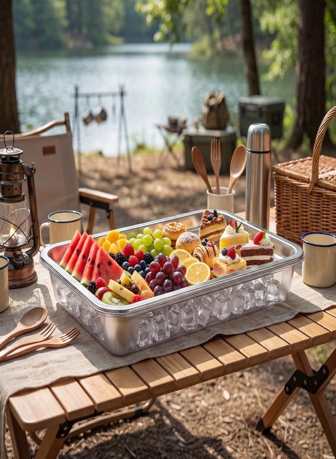 FoldTier 3 Set 14.2" Chilled Serving Trays for Parties with Compartments Stainless Steel Ice Chilled Party Platter Charcuterie Serving Board Cold Dish Dip for Fruits Veggies Shrimp Cocktail - Image 2
