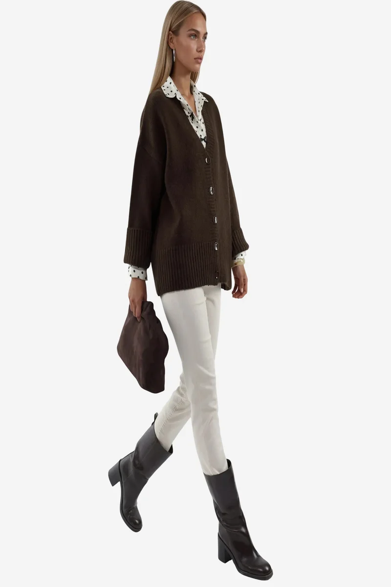 Viorna VIORNA Ribbed V-Neck Button Cardigan
