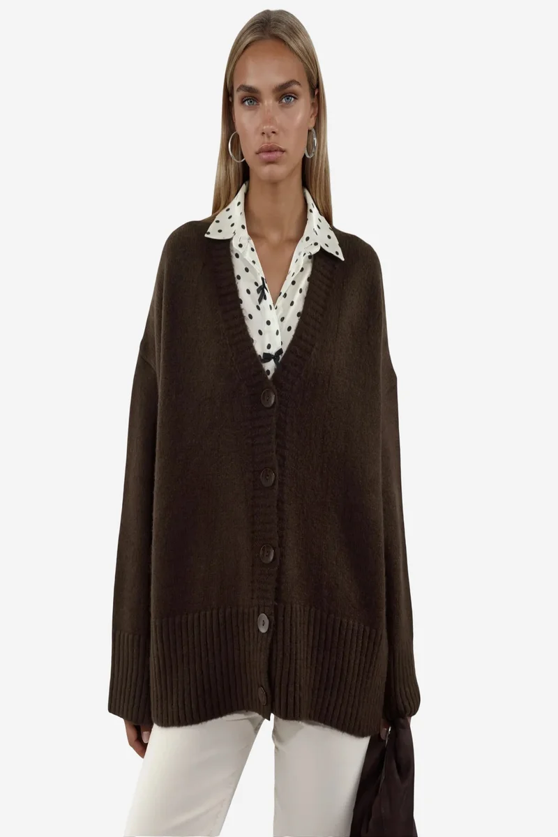 Viorna VIORNA Ribbed V-Neck Button Cardigan