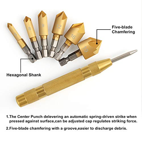 COMOWARE Countersink Drill Bit Set- 7 Pcs Counter Sinker Drill Bits for Wood, Quick Change, 1/4'' Hex Shank, High Speed Steel, 5 Flute 90 Degree Center Punch Tool, 1/4''-3/4'' - Image 2