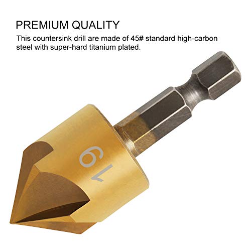COMOWARE Countersink Drill Bit Set- 7 Pcs Counter Sinker Drill Bits for Wood, Quick Change, 1/4'' Hex Shank, High Speed Steel, 5 Flute 90 Degree Center Punch Tool, 1/4''-3/4'' - Image 4