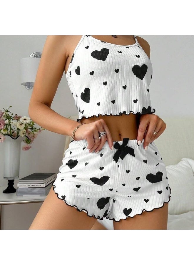 PINKSAMA Women's Pajama Set Soft and Beautiful 2-Piece Shorts Set, Love Shaped Printed Pajama Set, Comfortable and Loose Pajamas - Image 2