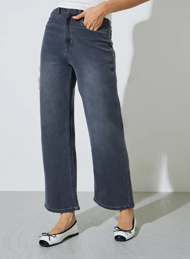 Styli Grey Mid Rise Straight Leg Jeans