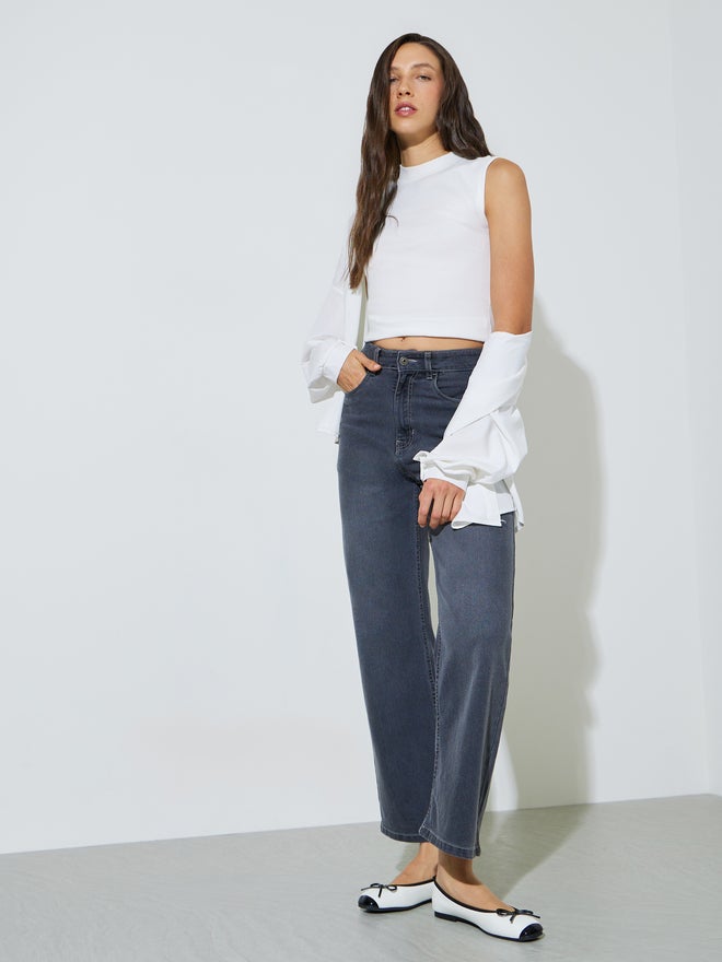 Styli Grey Mid Rise Straight Leg Jeans - Image 1