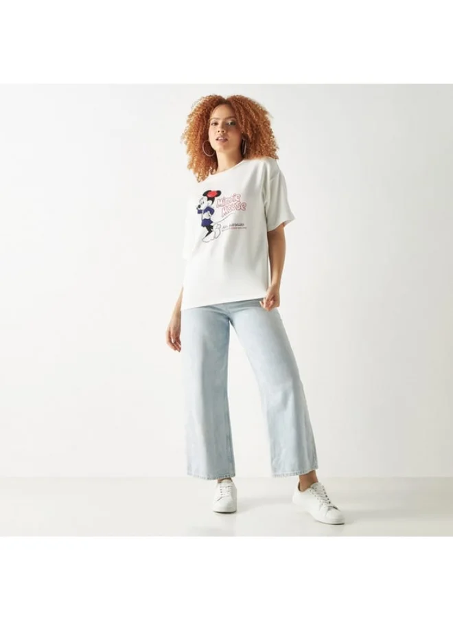 SP Characters Minnie Mouse Print Crew Neck T-shirt with Short Sleeves