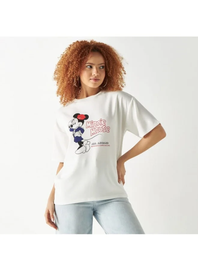 SP Characters Minnie Mouse Print Crew Neck T-shirt with Short Sleeves