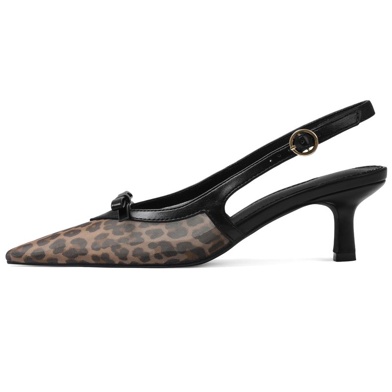 Mattiventon Leopard Print Slingback Heels for Women Mesh Kitten Heels Bow Ankle Strap Pointed Toe Heel Sexy Wedding Dress Party Pumps - Image 1