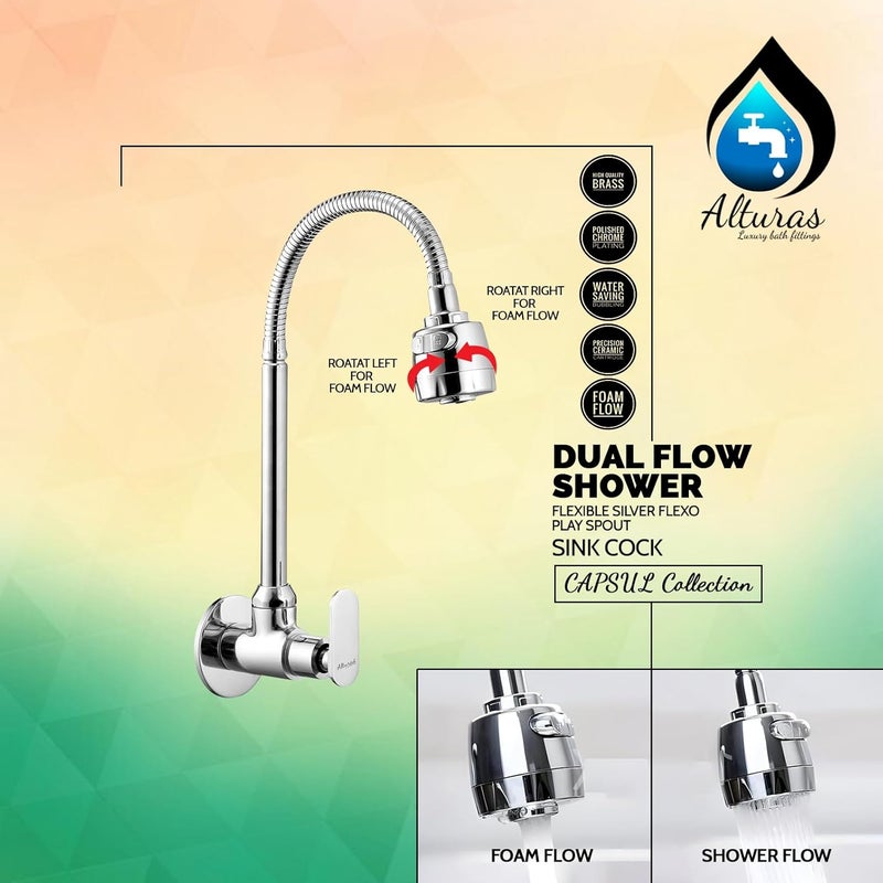 ALTURAS Brass Capsule Dual Flow Kitchen Sink Cock with 360 Degree Swivel Spout | Kitchen Sink Tap | Kitchen Faucet | Tap for Kitchen Sink | Taps - Set of 1 - Image 5