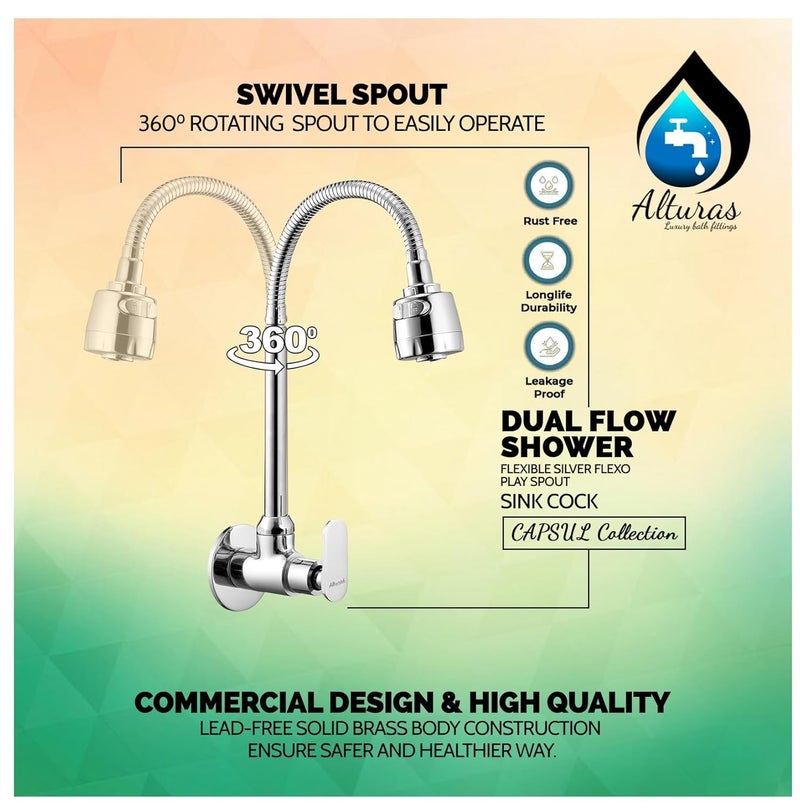 ALTURAS Brass Capsule Dual Flow Kitchen Sink Cock with 360 Degree Swivel Spout | Kitchen Sink Tap | Kitchen Faucet | Tap for Kitchen Sink | Taps - Set of 1 - Image 3