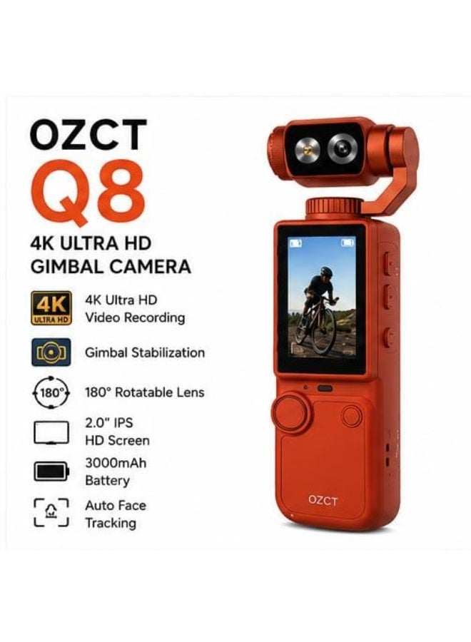 OZCT Q8 4K Ultra HD Gimbal Camera | 180° Rotatable Lens | 2.0" IPS Screen | 3000mAh Battery | AI Face Tracking - Image 2