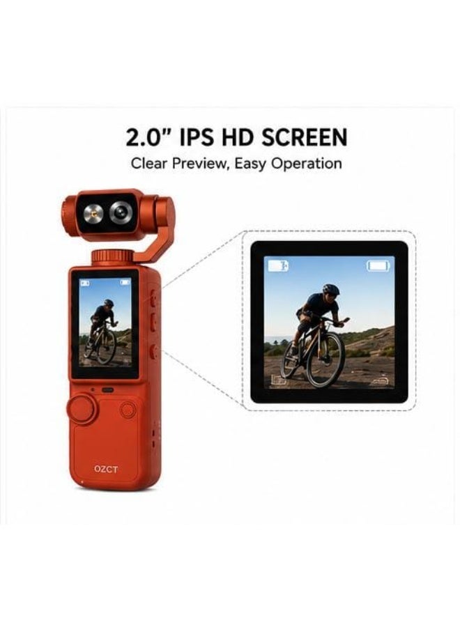 OZCT Q8 4K Ultra HD Gimbal Camera | 180° Rotatable Lens | 2.0" IPS Screen | 3000mAh Battery | AI Face Tracking - Image 4