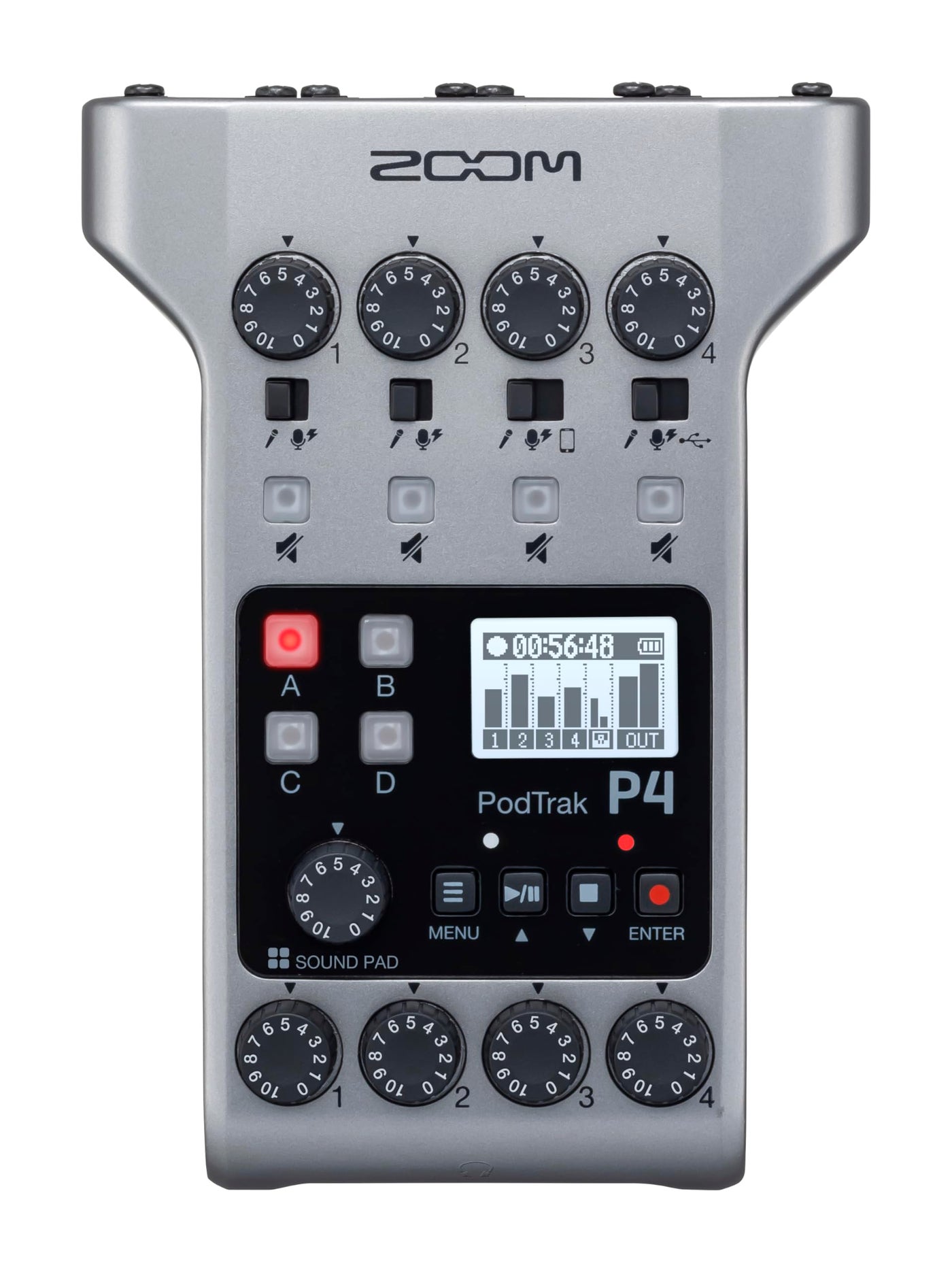 Zoom PodTrak P4 Podcast Recorder Battery Powered 4 Microphone Inputs 4 Headphone Outputs Phone Input Sound Pads Record to SD card Audio Interface Mode