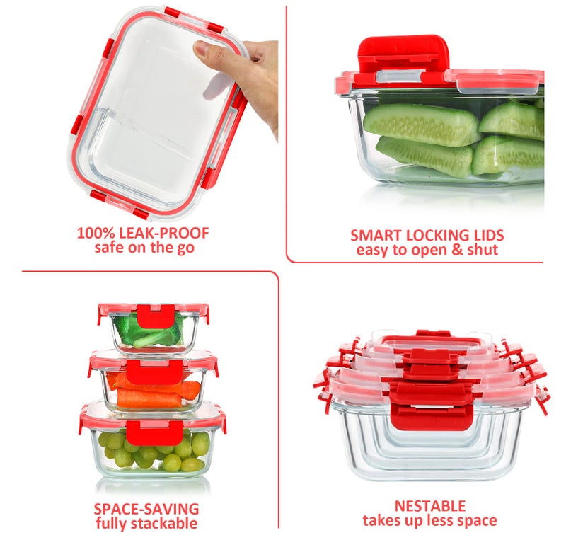 KOMUEE 24 Pieces Glass Food Storage Containers Set Glass Meal Prep Containers -Stackable Airtight Glass Storage Containers with lids  Freezer to Oven Safe Red - Image 4