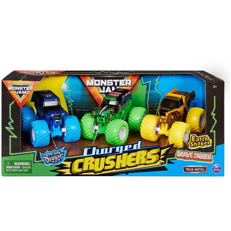 Monster Jam, Charged Crushers 3-Pack (Grave Digger, Son-Uva Digger and Earth Shaker), 1:64 Scale - Image 1