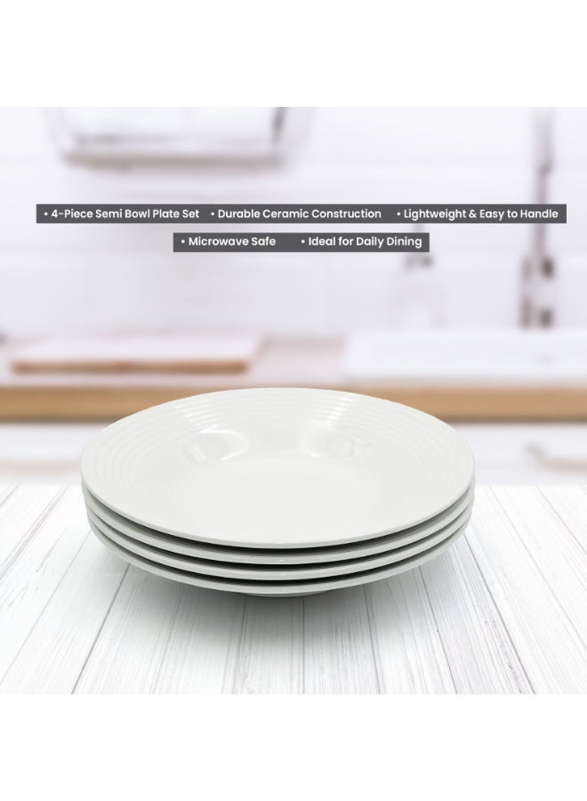 4pc White Ceramic Semi Bowl Plates Set Ripple Lightweight Multipurpose Serving Bowls for Snacks Salad Pasta Soup Dessert Microwave Safe Durable Modern Tableware for Kitchen and Dining - Image 3