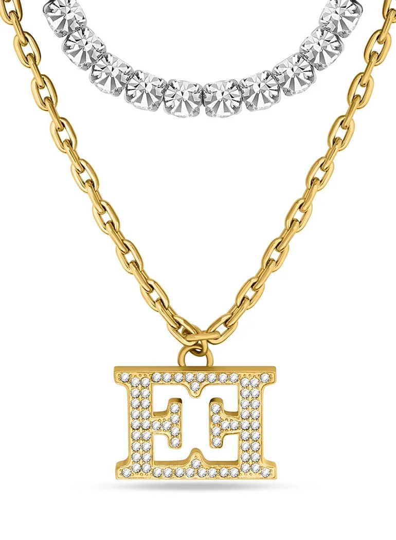 ESCADA Two-Tone Crystal Necklace with Gold-Plated Logo Modern and Classic Elegance