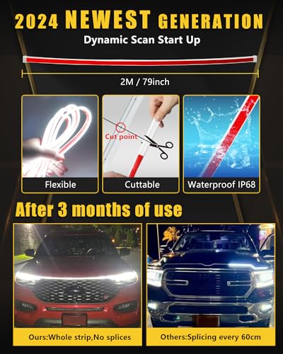 YM EBright Dynamic Scan Start Up Hood Light Strip Sequential Flowing Turn Signal Lights Flexible DRL Daytime Running Car Led Light Strip Exterior, Dual Color Amber White Switchback 12V 79inch (1 Set) - Image 3