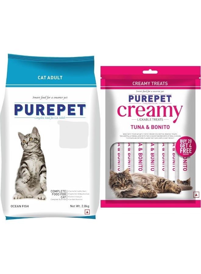 Purepet Adult Dry Cat Food 2.8kg | Ocean Fish Flavour & Creamy Lickable Cat Treats(15g x 24 ) | Tuna & Bonito Flavour - Image 1