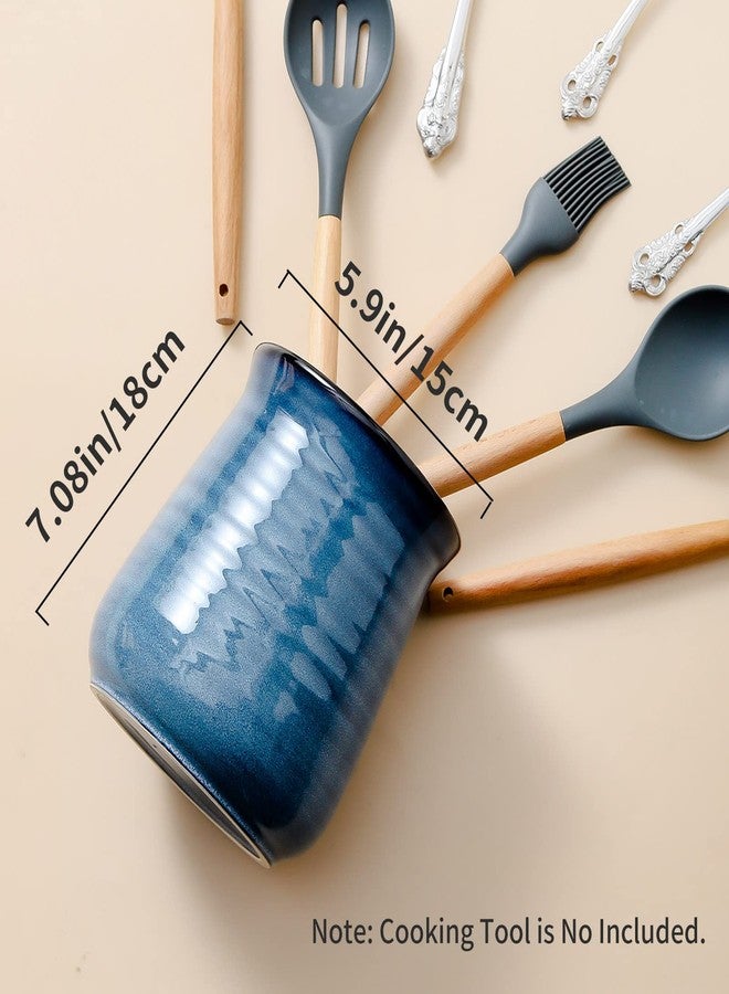 HASENSE Extra Large Utensil Holder Crock for Kitchen Counter - 7.1” x 5.9” Vintage Farmhouse Blue Ceramic Caddy Utensil Organizer and Rustic Table Decor for Spatulas, Spoons, and Other Cooking Tools - Image 4