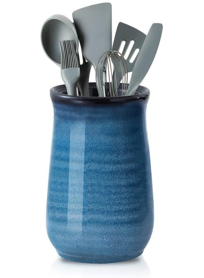HASENSE Extra Large Utensil Holder Crock for Kitchen Counter - 7.1” x 5.9” Vintage Farmhouse Blue Ceramic Caddy Utensil Organizer and Rustic Table Decor for Spatulas, Spoons, and Other Cooking Tools - Image 1