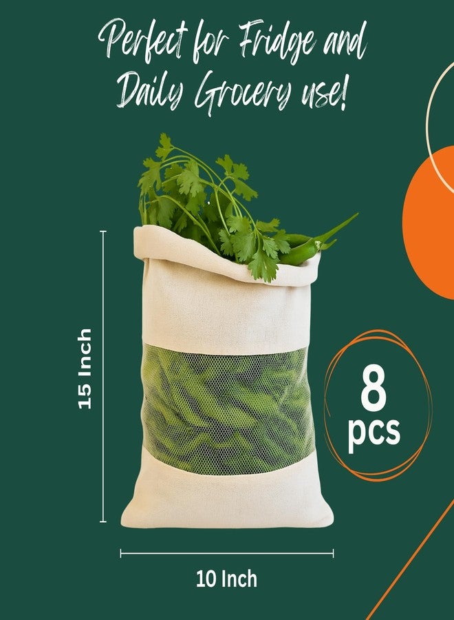 WANDF Cotton Vegetable Bags Fridge Storage Bag Sabji Fruits Pouch Refrigerator Produce bags Clothe Muslin Reusable Washable with Drawstrings (10 x 15) inch (Pack of 8) - Image 2