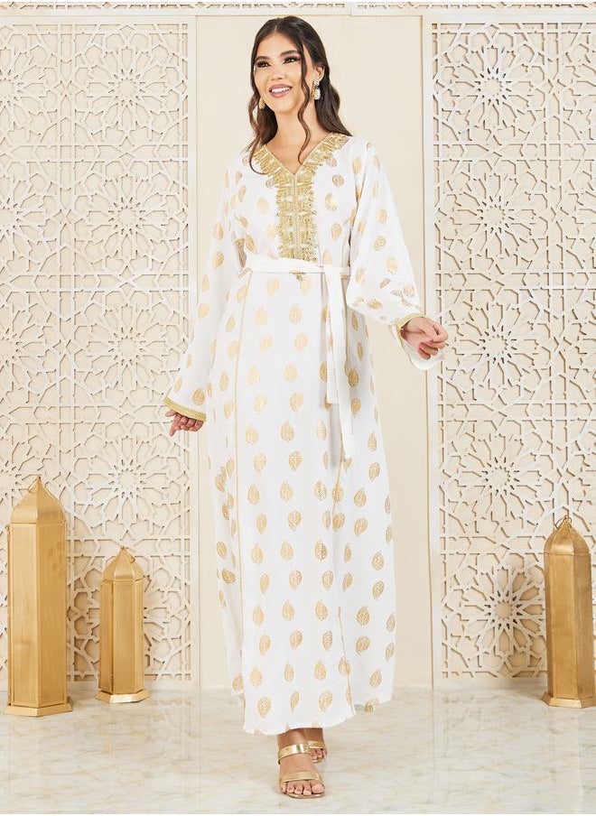 Styli - Foil Print Embroidered Neck Jalabiya with Self Tie Up - Image 1