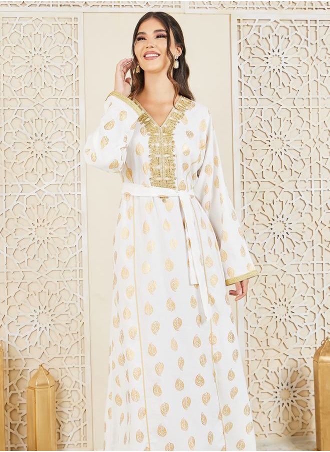 Styli - Foil Print Embroidered Neck Jalabiya with Self Tie Up - Image 1